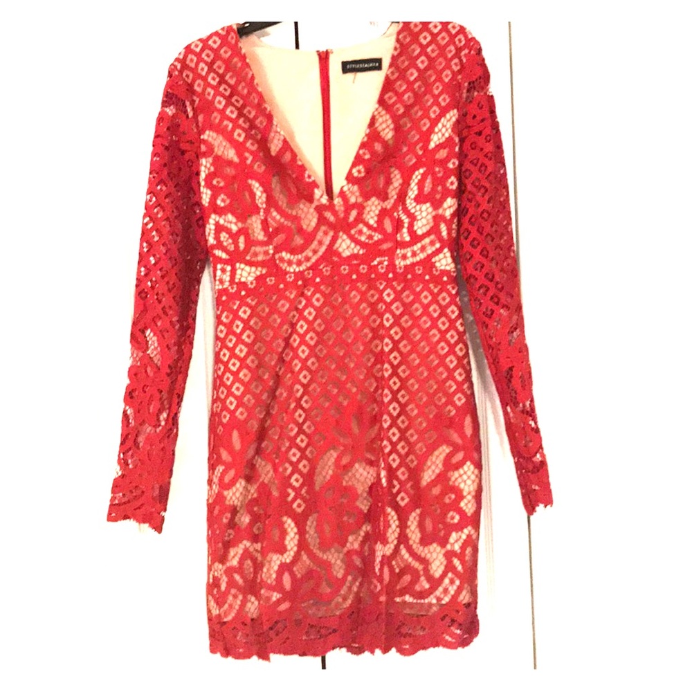 Stylestalker long sleeve V neck lace mini dress